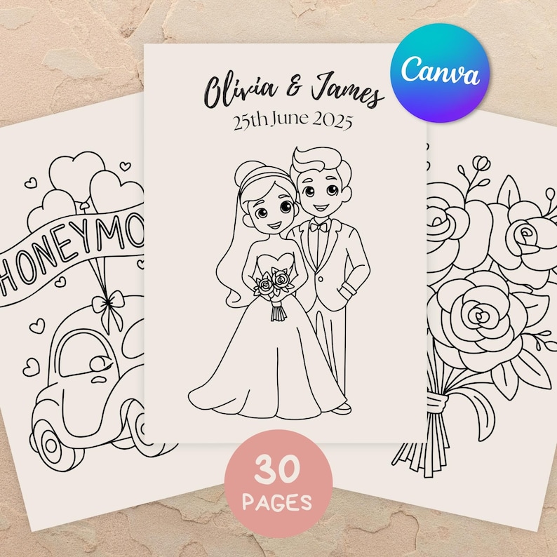 Editable wedding coloring pages for kids, Canva wedding activity book with customizable cover, printable kids wedding coloring book for flower girls, ring bearers, and reception kids tables, instant digital download.