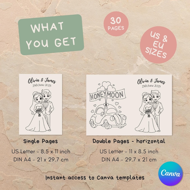 Editable wedding coloring pages for kids, Canva wedding activity book with customizable cover, printable kids wedding coloring book for flower girls, ring bearers, and reception kids tables, instant digital download.