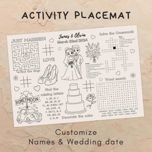 Jogo americano personalizado para atividades de casamento: Modelo de jogo infantil para casamento no Canva (Download digital)