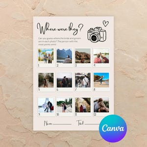 Möhippa-spel: Gissningsspel för bröllopsfoton, Var var de (Canva-mall)