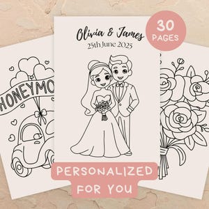Páginas para colorear de bodas personalizadas: Libro de actividades de 30 páginas para la recepción de bodas para niños (Descarga digital)