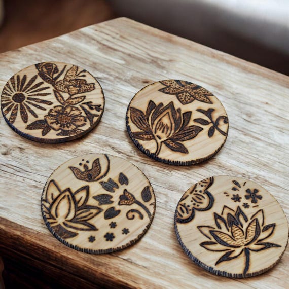 Hand Burned Wooden Coaters with Floral Arrangement - Set of 4