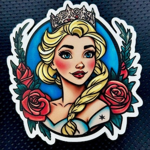 Frozen Elsa inspired tattoo art style sticker. Disney park Souvenir, waterbottle sticker, Waterproof, original Art, Queen Elsa Frozen