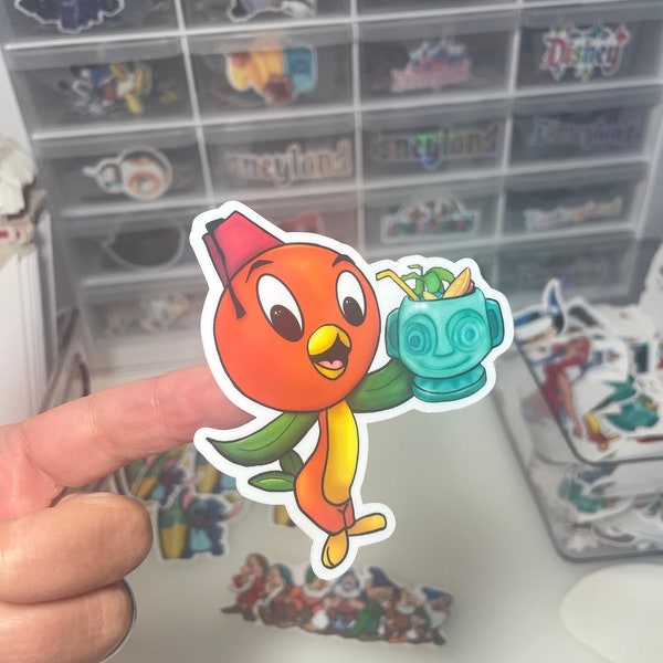 Orange Bird, tiki Mashup! Florida Orange Bird with trader sams Tiki mug, hand drawn origiginal art vinyl, waterproof Sticker!