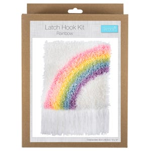 May include: A latch hook kit with a rainbow design. The kit includes a canvas with a rainbow pattern in pink, orange, yellow, green, blue, and purple. The finished size is 30.5cm x 30.5cm.