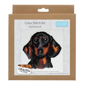 May include: A cross stitch kit depicting a dachshund. The kit includes a full A-Z and number chart for personalisation. The finished canvas size is 36 x 36cm (14 x 14 inches). The kit is packaged in a brown cardboard box.