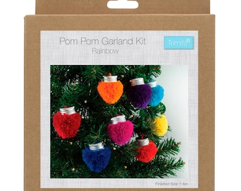 Kit de guirnalda de pompones con luces navideñas de colores brillantes y arcoíris, longitud 1,6 m, paquete de 1