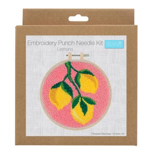 May include: Embroidery punch needle kit with a pink background and a design of three yellow lemons and green leaves. The kit includes a wooden embroidery hoop. The box reads "Embroidery Punch Needle Kit Lemons". Finished diameter: 15.2cm.