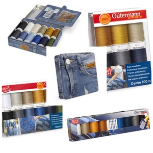 May include: An assortment of sewing items, including thread spools in diverse shades, needles, and a denim-style box. The image also displays several packs of Gütermann thread, presenting a variety of colours ideal for denim-related sewing tasks.