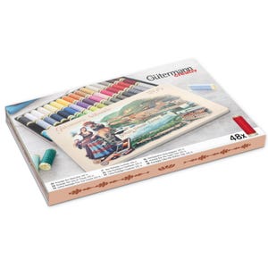 May include: A sewing kit box containing 48 spools of thread in a variety of colours. The box has a vintage illustration of a landscape and people. The brand name "Gütermann" is visible on the box.