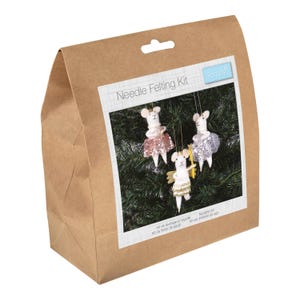May include: A brown paper bag displaying a needle felting kit. The image on the bag shows three felt mice ornaments with glittery skirts and wings, set against a green backdrop. The text "Needle Felting Kit" is printed on the front of the bag.