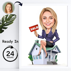 Custom Funny Female Real Estate Agent Caricature Art, Real Estate Templates Marketing, Cartoon from photo.