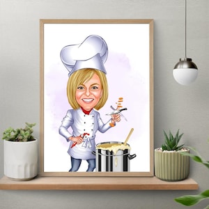 Portrait personnalisé de dessin animé de chef de femme, caricature de chef, cadeau pour chef, dessin animé de chef, cadeau drôle de chef, caricature personnalisée à partir d'une photo, cadeau de chef