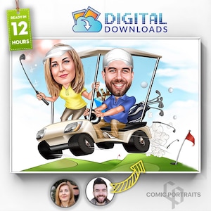 Custom Golfer Couple Cartoon Portrait, Golfer Couple Portrait, Gift for Golfer Couple, Funny Golfer Couple Caricature Drawing from Photo