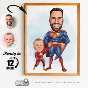 Benutzerdefinierte Super Dad und Sohn Cartoon Portrait, Porträt von Super Dad, Geschenk für Papa, Super Dad Karikatur, Superheld Karikatur, Karikatur