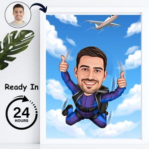 Aangepaste mannelijke karikatuurkunst parachutespringen, skydiving-feest, unieke skydiver, parachutespringen cadeau, aangepaste karikatuur