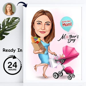 Aangepaste cartoonportret nieuwe moeder, grappig moedercadeau, moederkarikatuur, leuk cadeau voor Moederdag, cartoon van foto