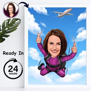 Custom female skydiver caricature art, Skydiver portrait cartoon, Parachuting paragliding gift, Cartoon from photo