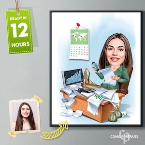 Big Boss Caricature for Woman , Business Woman Caricature, Funny Caricature, Personalized Gift, Mrs. Banker Caricature, Digital Download
