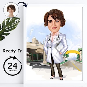 Personalized Female doctor caricature art | funny doctor gift | custom Female doctor gift | drawing from photo | new doctor gifts