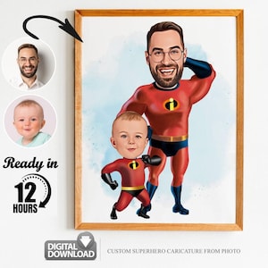 Benutzerdefinierte Super Dad und Sohn Cartoon Portrait, Porträt von Super Dad, Geschenk für Papa, Super Dad Karikatur, Superheld Karikatur, Karikatur