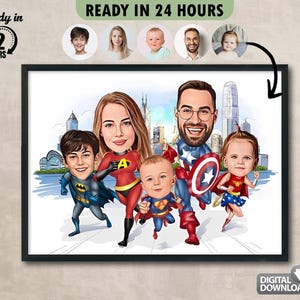 Benutzerdefiniertes Superhelden-Familien-Karikaturporträt, Familienporträt, Familiengeschenk, Superfamilien-Karikatur, Superheld-Karikatur, Karikatur vom Foto