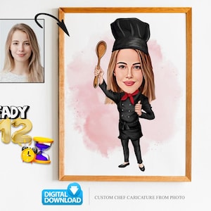 Aangepaste vrouw cartoon portret chef-kok, karikatuur chef-kok, cadeau voor chef-kok, cartoon chef-kok, grappige chef-kok cadeau, aangepaste karikatuur van foto, chef-kok cadeau