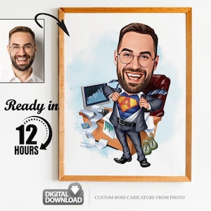 Retrato de desenho animado de super chefe personalizado, caricatura de super chefe, presente para chefe masculino, desenho animado de chefe, chefe engraçado, caricatura de chefe de foto