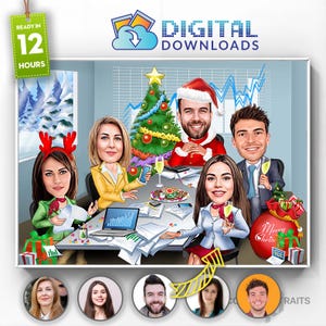 Caricature de bureau de Noël à partir de photos Portrait de dessin animé drôle de vacances Carte de caricature de Noël numérique Caricature de couple de Noël Cadeau de vacances
