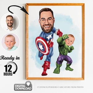Retrato de dibujos animados personalizado de súper papá e hijo, retrato de súper papá, regalo de papá, caricatura de súper papá, caricatura de superhéroe, caricatura a partir de una foto