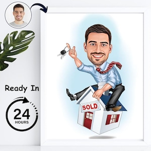 Caricatura de bienes raíces divertida y personalizada para él, regalo de bienes raíces para agente inmobiliario, caricatura de agente inmobiliario masculino.