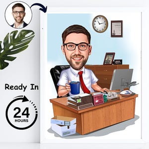 Personalized corporate worker caricature art, Custom corporate gift, Boss thank you gift, Corporate gift box.