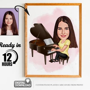 Custom Female Pianist Cartoon Portrait, Pianist Portrait, Pianist Gift, Pianist Caricature, Custom Caricature, Pianist Cartoon, Piano Player