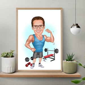 Retrato de dibujos animados de fitness personalizado, caricatura de fitness, regalo para levantadores de pesas, caricatura de levantadores de pesas, dibujos animados de fitness, dibujos animados personalizados