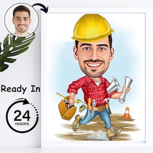 Passen Sie Bauarbeiter, personalisierte Baumeister Karikatur, lustigen Bauarbeiter, männliche handliche Mann Karikaturzeichnung vom Foto an