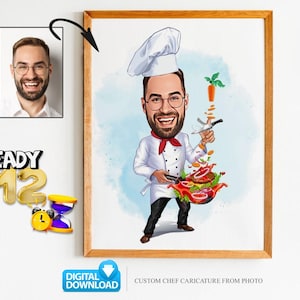 Retrato de desenho animado de chef masculino personalizado, caricatura de chef, presente para chef, desenho animado de chef, presente engraçado de chef, caricatura personalizada de foto, presente de chef