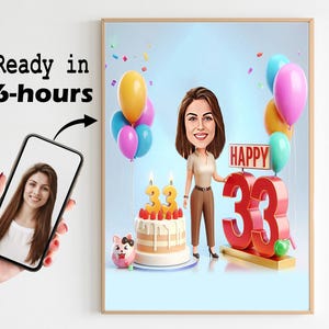 PERSONALIZADO 33º ANIVERSÁRIO Dia Extra Especial Caricatura Foto para Desenho Animado Presente de Aniversário Personalizado para Meninas Senhoras Mulheres Caricatura de Foto