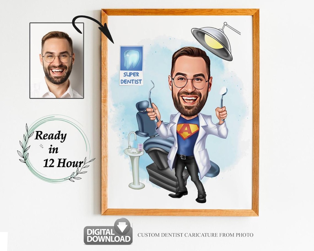 Custom Super Dentist Cartoon Portrait, Dentist Caricature, Gift for