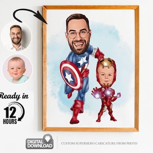 Benutzerdefinierte Super Captain America Dad und Sohn Cartoon Portrait, Super Dad Portrait, Papas Geschenk, Super Dad Karikatur, Superhelden-Karikatur