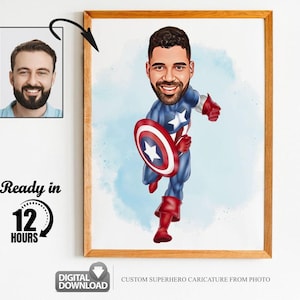 Ritratto personalizzato di Capitan America, ritratto di supereroe, regalo per papà, cartone animato personalizzato, caricatura di supereroe, supereroe