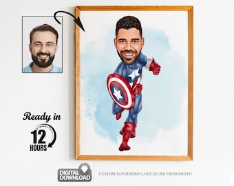 Anpassat Captain America-tecknat porträtt, superhjälteporträtt, present till pappa, anpassad tecknad film, superhjältekarikatyr, superhjälte