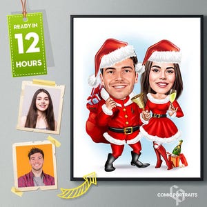 Caricature de famille de Noël à partir de photos Portrait de dessin animé drôle de vacances Carte de caricature de Noël numérique Caricature de couple de Noël Cadeau de vacances