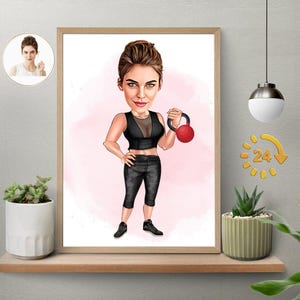 Cartoon-Porträt einer Fitness-Frau, lustige Fitness-Karikatur, Zeichnung eines Gewichthebers vom Foto, Gewichthebergeschenk