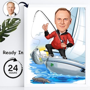 Caricatura de barco de pesca personalizada para él, regalo de pesca para hombres, caricatura de pescador, retrato divertido, tarjeta personalizada.