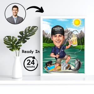Arte de caricatura de pesca personalizada | presente para pescador | desenho animado de pescador | arte de pesca | caricatura personalizada | presente de pesca para ele