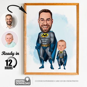 Benutzerdefinierte Super Dad und Sohn Cartoon Portrait, Super Dad Portrait, Papas Geschenk, Super Dad Karikatur, Super Kid Karikatur, Karikatur vom Foto