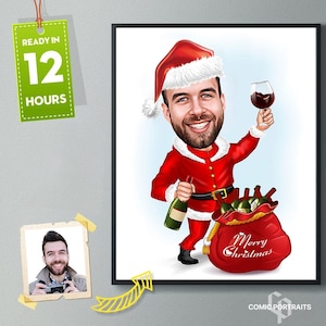 Christmas Cartoon Portrait, Funny Christmas Caricature, Caricature from Photo, Christmas Portrait, Personalized Caricature, Holiday Cartoon