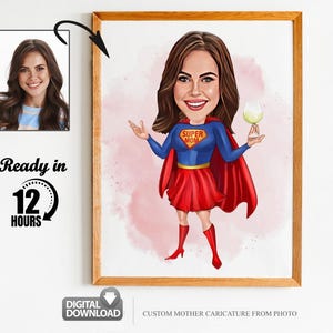 Benutzerdefinierte Super Mom Cartoon Porträt, Mama Karikatur, Geschenk für Mama, Mutter Cartoon, Karikatur vom Foto, Muttertagsgeschenk