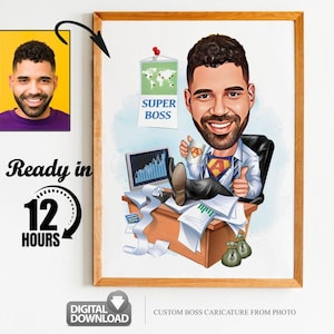 Retrato de desenho animado de super chefe personalizado, caricatura de super chefe, presente para chefe masculino, desenho animado de chefe, chefe engraçado, caricatura de chefe de foto
