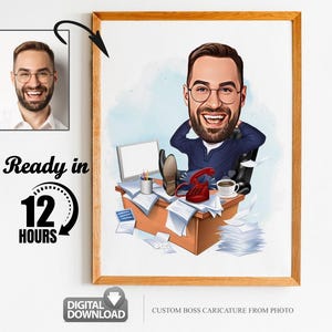 May include: A digital caricature of a person sitting at a desk with a computer, phone, and coffee cup. The caricature is in a cartoon style and the person is wearing glasses. The text "Custom Boss Caricature From Photo" is at the bottom of the image.